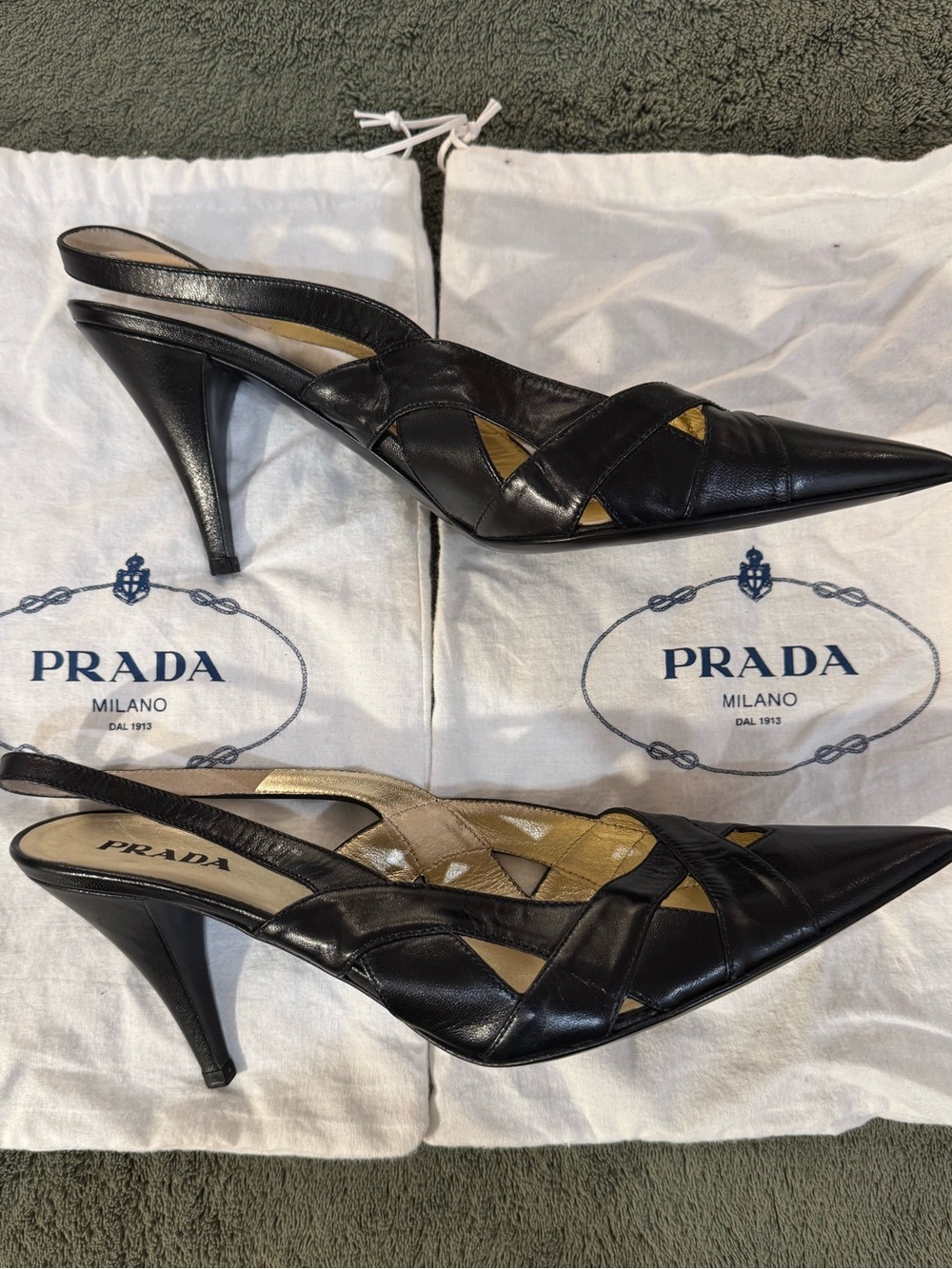 Prada Black Leather Pointed Slingback Heels with Cutout Upper, Size 41